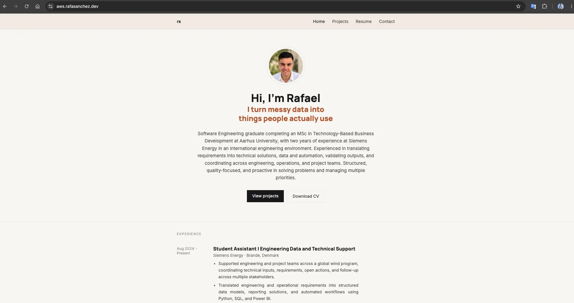 The portfolio home page loaded in a browser at aws.rafasanchez.dev, showing the site header, introduction and experience section.