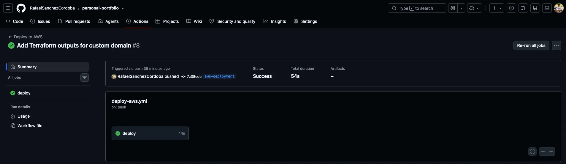 GitHub Actions run summary for the Deploy to AWS workflow: status Success, one deploy job, total duration 54 seconds, triggered by a push to aws-deployment.